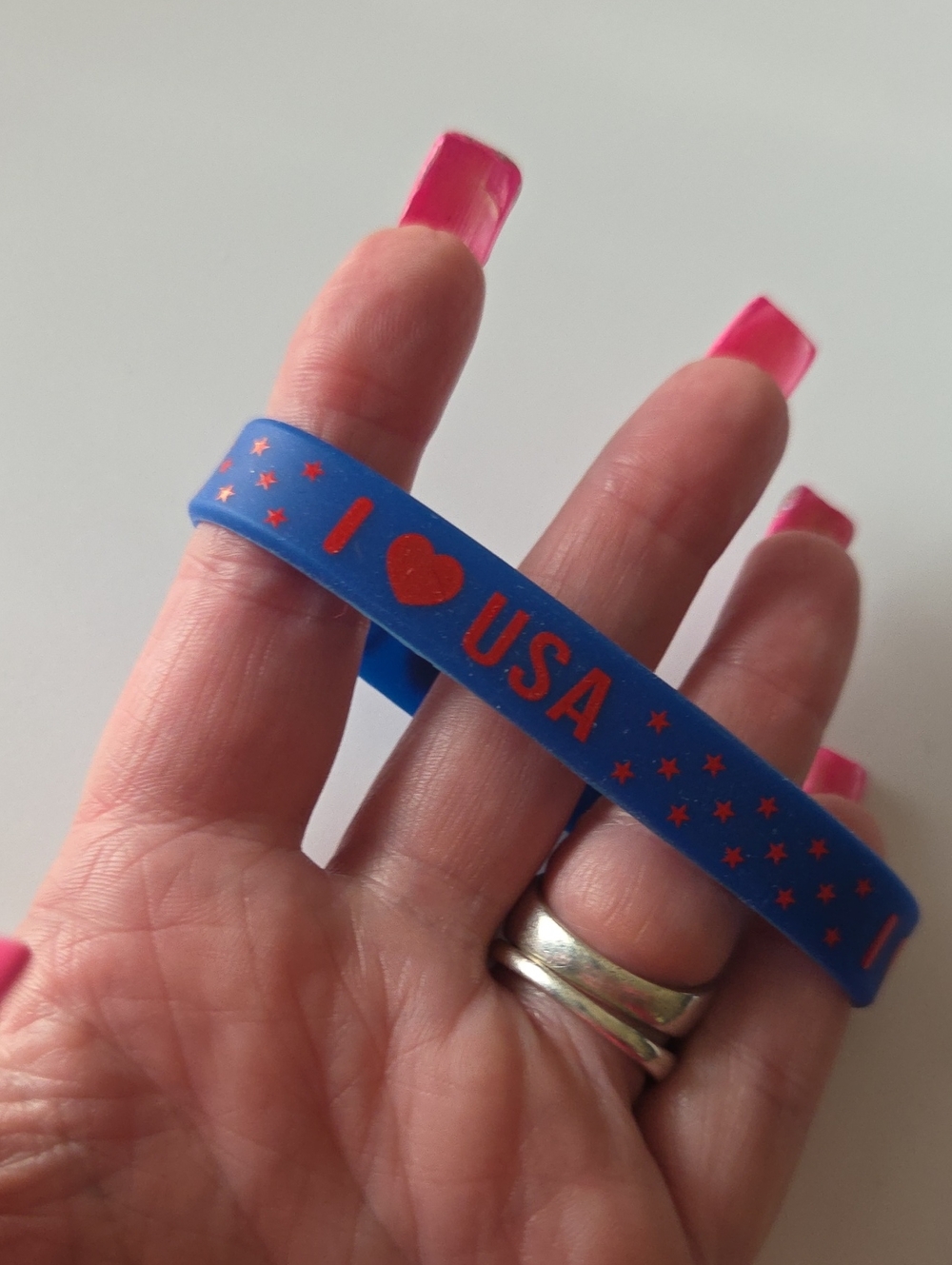 I Love USA Blue Silicone Bracelet with Red Lettering